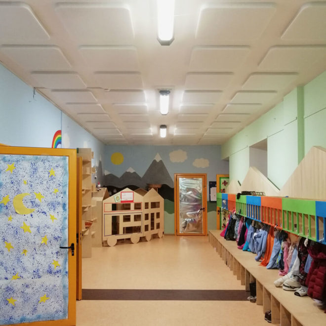 Ceiling panels for the sound absorption in schools