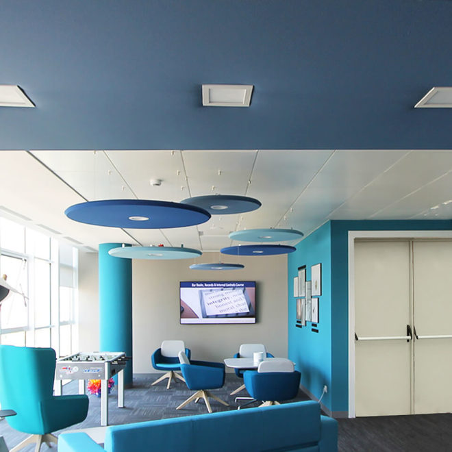 Blue acoustic panels for the lounge area lunar