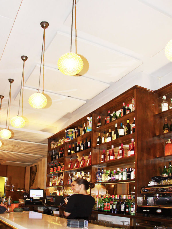 White acoustic ceiling panels in a restaurant