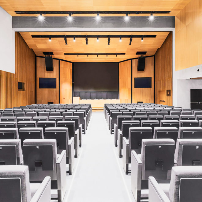 Revestimiento acustico microperforado de madera para auditorio