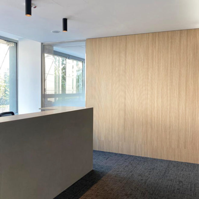 Wooden sound absorbing wall covering in the hall of an office
