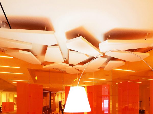 Tailored acoustic ceiling panels for collective spaces