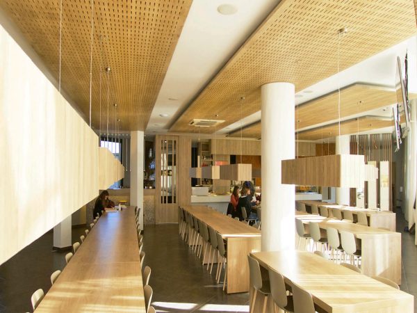Sound absorbing false wooden ceiling in a canteen