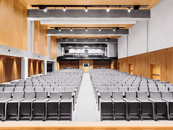 Microperforated wood on the ceiling and wall of an auditorium