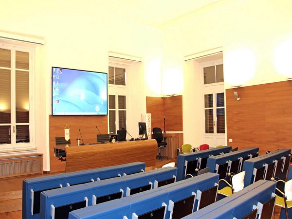 Microperforated acoustic wood on the wall in a conference room