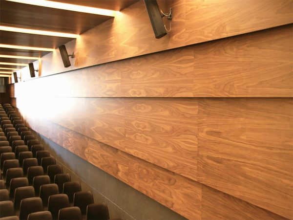 Paneles de madera microperforada a pared para sala de conferencias