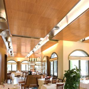 Perforated wood panels for restaurant false ceiling