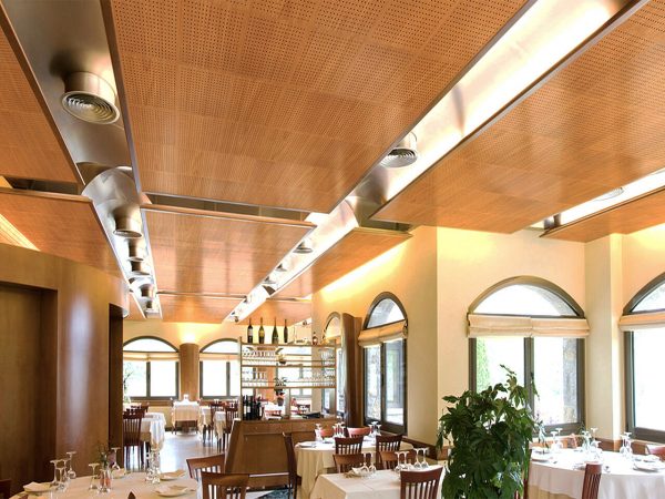 Perforated wood panels for restaurant false ceiling
