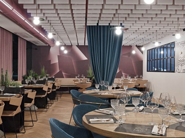 Sound absorbing baffles in polyester fiber in a restaurant