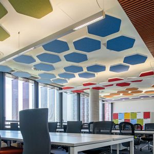 Hexagonal sound absorbing ceiling panels in office