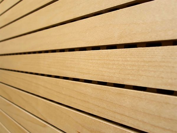 Detail slats of milled wooden acoustic wall panels