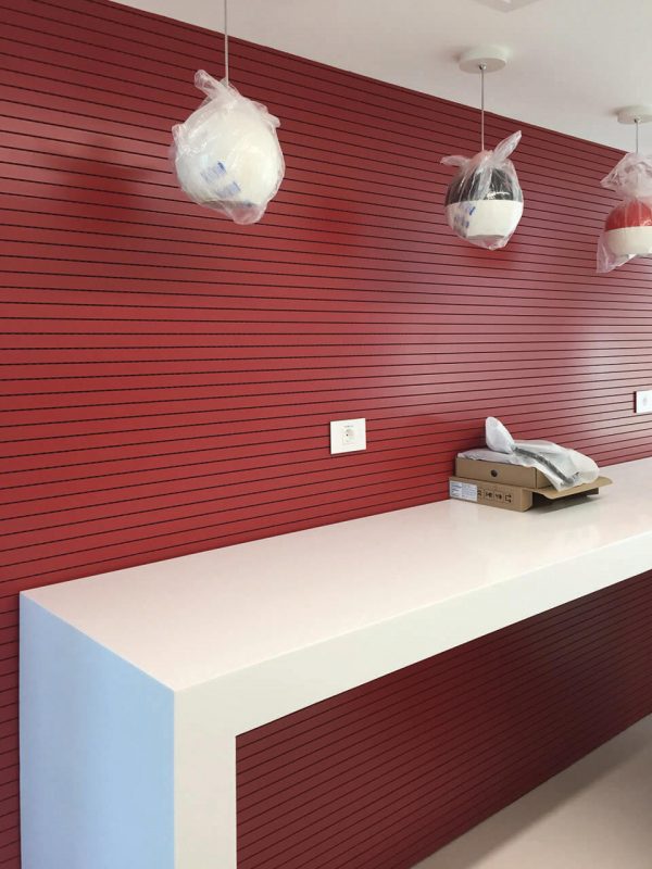 Red milled wooden acoustic wall panels for public spaces