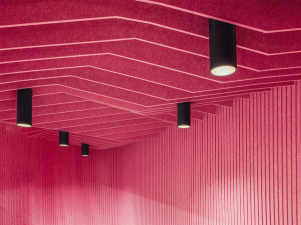 Bafles en fieltro de colores a techo iluminación integrada
