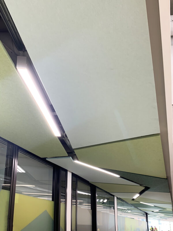 Paneles ARCHISONIC® verde suspendidos del techo personalizados