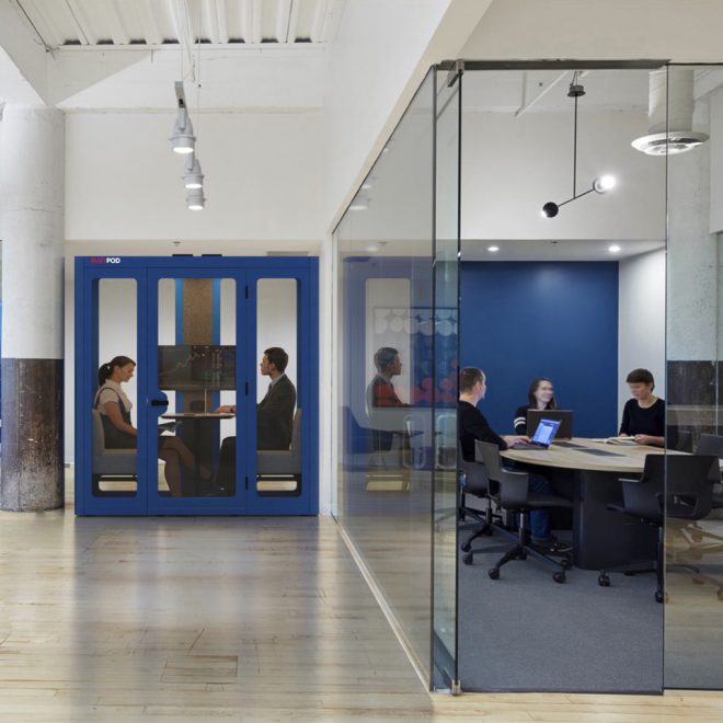 Blue phone booth for work interviews in offices