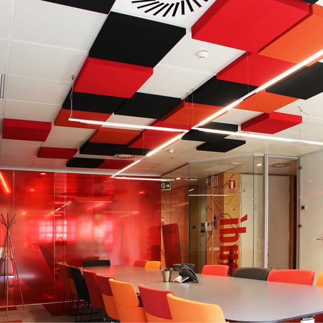 GoodVibes square acoustic ceiling panels for a meeting room