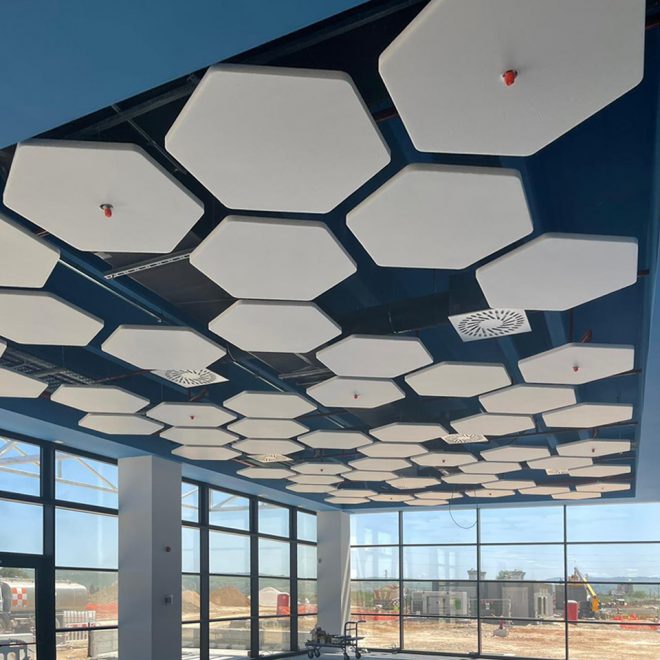 Logistics base and acoustic ceiling panels