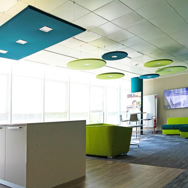 Coloured sound absorbing panels with led lamps