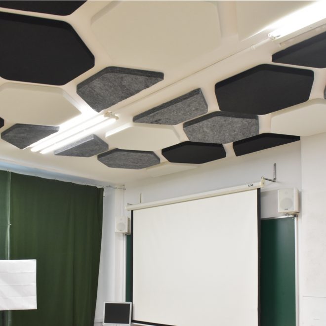 Ceiling acoustic panels for the sound absorption in a recorded room