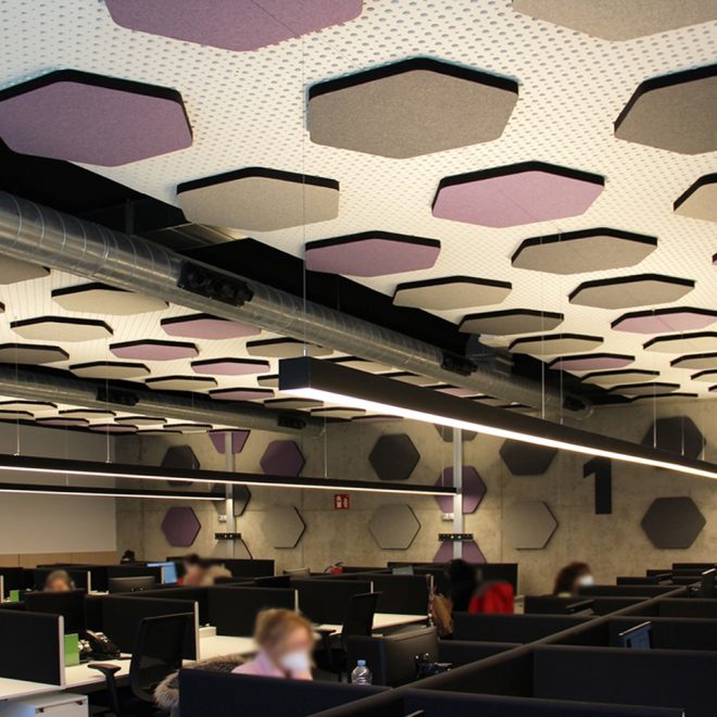Wall and ceiling acoustic panels for call center