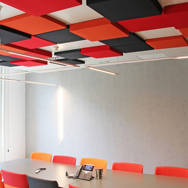 Ceiling acoustic panels in a meeting room of a company