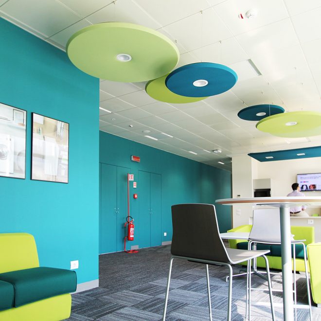 Lunar round ceiling panels for the acoustic comfort in office