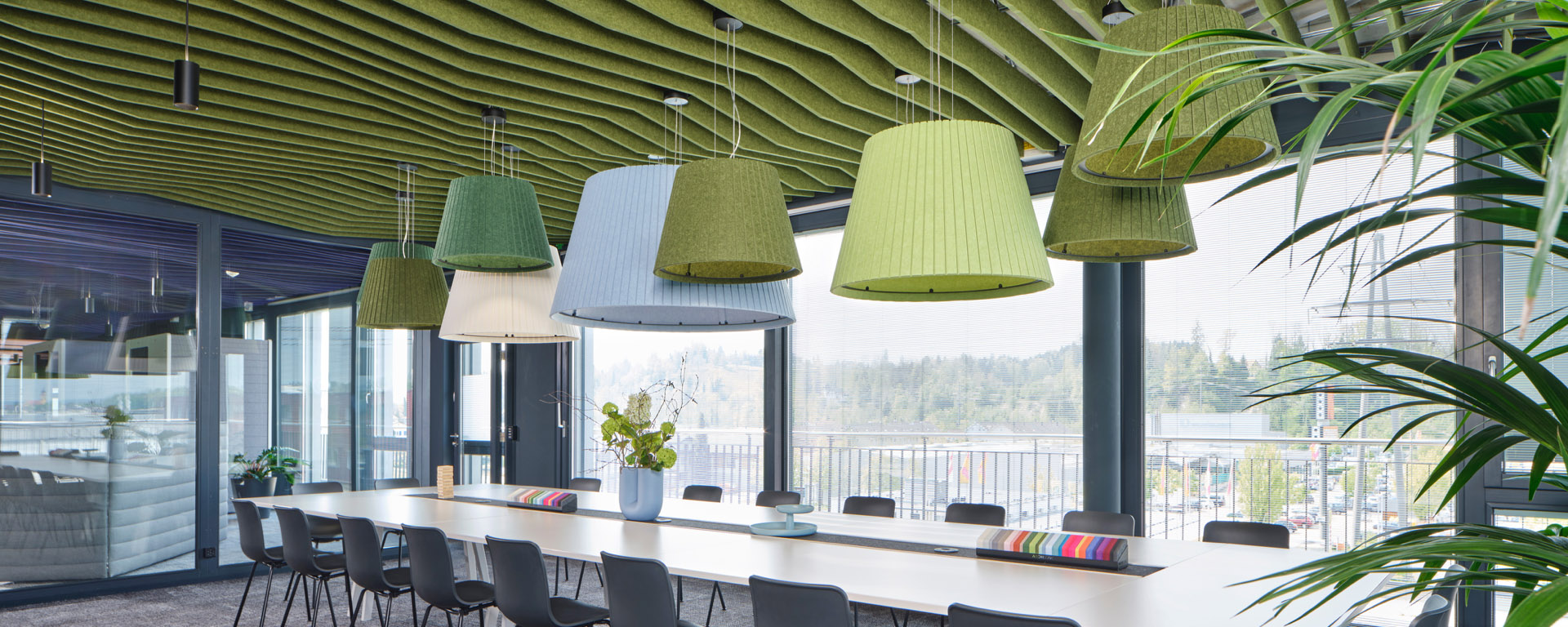 Acoustic solutions meeting room baffles and felt lamps