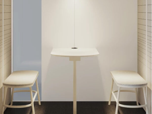 Cabine acustiche modulari sedute e tavolo di lavoro