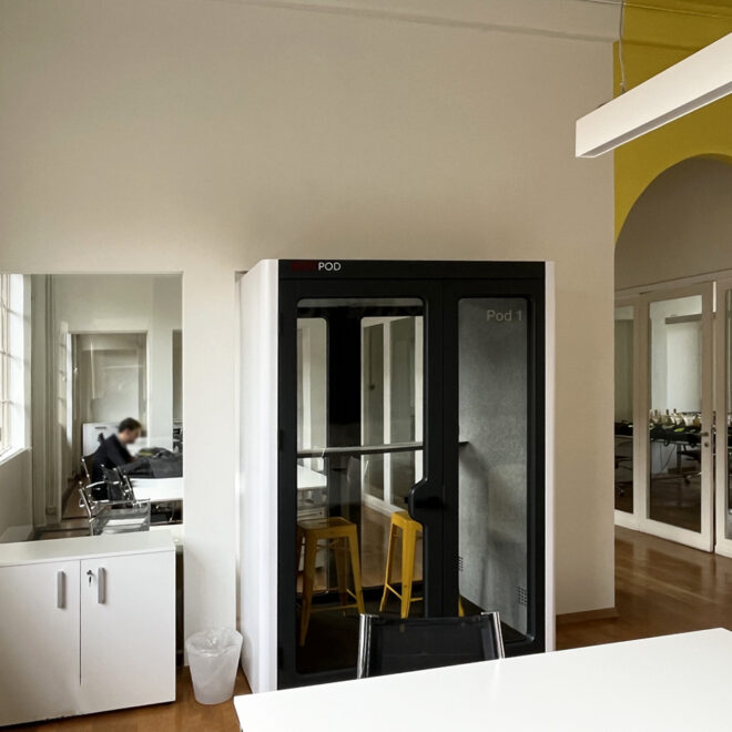 The phone booths in work spaces finishes lacquered black and white