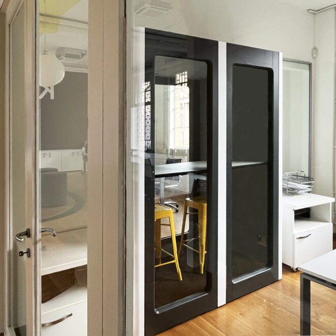 The phone booths in workspaces openspace glass walls