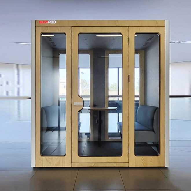 Phone booth for business meetings and videoconference for six people workspace