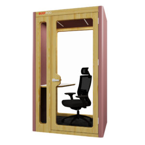 Soundproof phone booth for one person with table and coloured walls