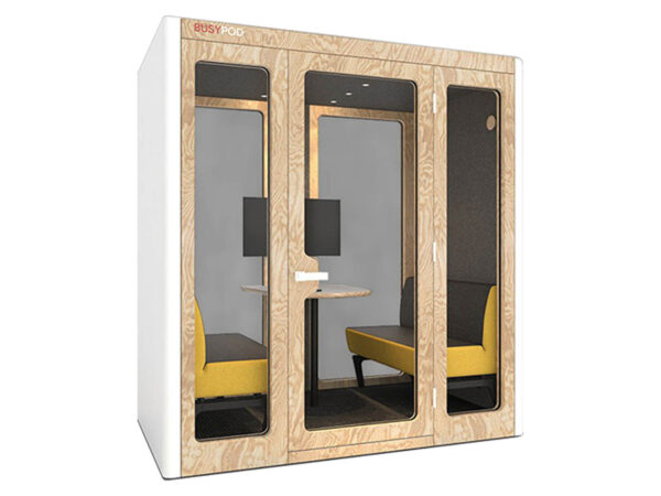 Large phone booth for four people and meetings with wood finishes
